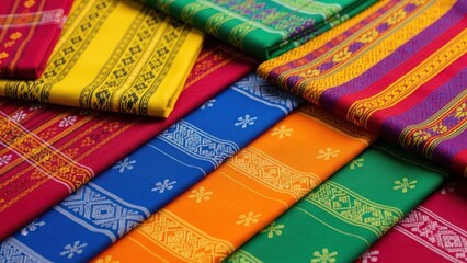 A colorful array of folded fabric with intricate patterns and vibrant colors.
