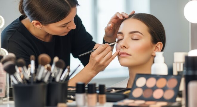 A makeup artist applying makeup to a model's face in a studio setting.