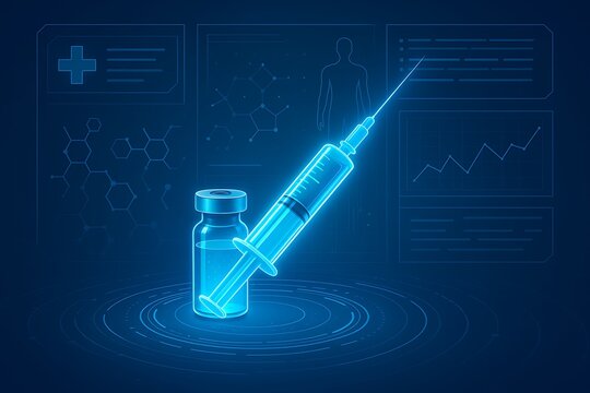 Futuristic healthcare dashboard showing scientific research and bio data - Powered by Adobe