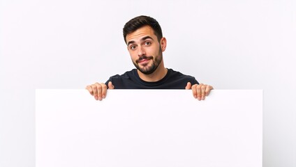 Handsome young man holding a blank white sign with a friendly expression. Smiling male showing an empty poster for advertisement with copy space
