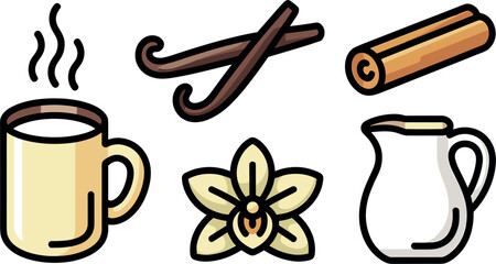 Flat Vector Illustration of Specialty Coffee Set Featuring Vanilla Pods Cinnamon Sticks and Whipped Cream Latte