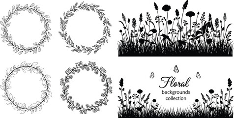 Floral wreath and meadow silhouette collection, botanical frames with wild grass flowers, elegant nature background illustration set vector