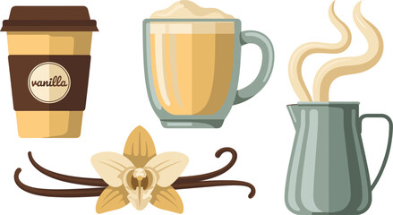Flat Vector Illustration of Vanilla Coffee Set with To-Go Cup Latte Mug and Vanilla Flower