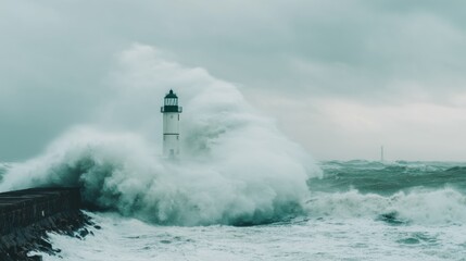 Waves crash against lighthouse on a stormy day by the ocean