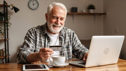 Happy senior man shopping online with a laptop and credit card. Cheerful elderly male making a purchase on the internet at home