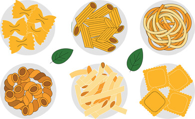 Flat Vector Illustration of Various Italian Pasta Types Including Farfalle Penne Fusilli and Ravioli