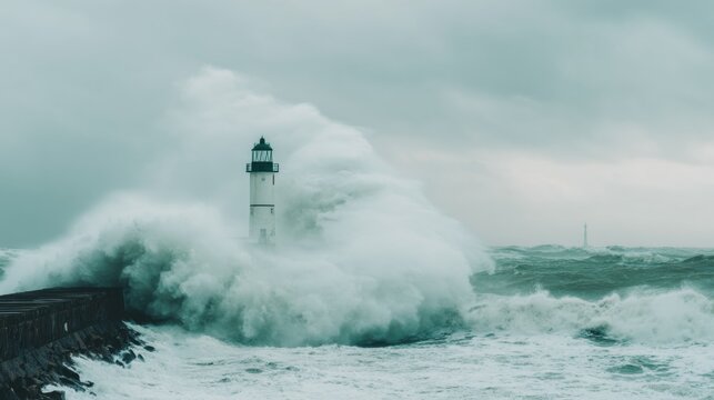 Waves crash against lighthouse on a stormy day by the ocean