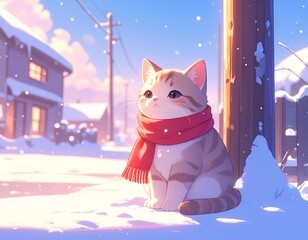 雪がゆっくり舞う冬の町。小さな猫が赤いマフラーを巻き、電柱の下でちょこんと座っている
