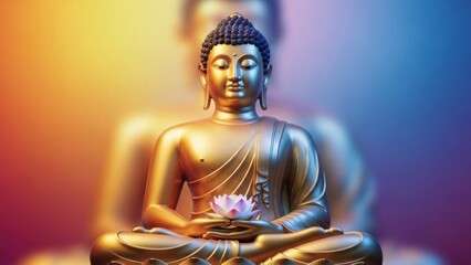 A golden Buddha statue with a serene expression, surrounded by a colorful, gradient background.