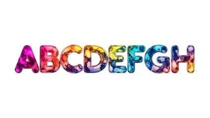 Colorful abstract alphabet letters arranged horizontally against a black background