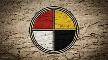 A circular logo with four colored segments on a textured beige wall.