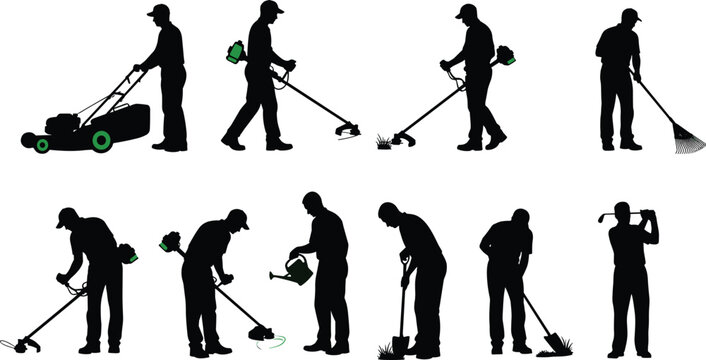 Gardening worker silhouette set, lawn mowing trimming watering raking activities, professional landscaper maintenance illustration vector collection isolated white background design