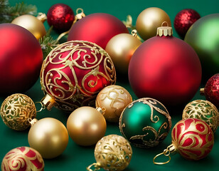 christmas tree decorations isolated, A collection of elegant Christmas decorations with red, green, and gold ornaments lying on a green background, creating a festive and joyful atmosphere