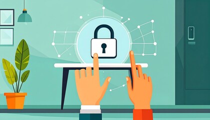 Hands interact with a virtual padlock, hovering above a table. Simple, clean, and modern illustrated room setting