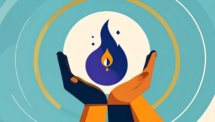 Hands lift a stylized blue flame within a white circle on a teal background with geometric shapes