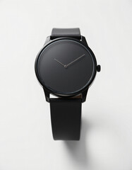 Ultra‑realistic studio shot of a sleek matte‑black stainless‑steel watch with a minimalist dial, placed on a pure white background, soft diffused lighting and subtle shadows.