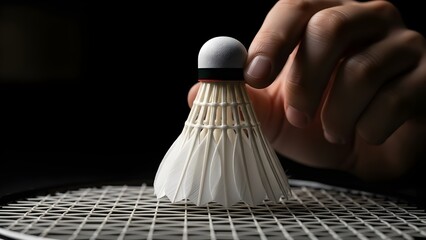 Close-up Studio Shot of Hand Touching Badminton Shuttlecock on Racket