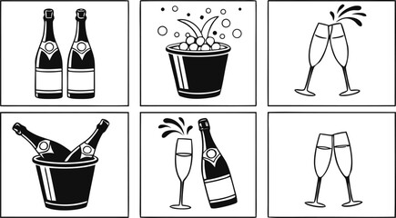 Collection of celebratory champagne bottles and glasses in various arrangements, perfect for event graphics © Pronob Kumar Ray