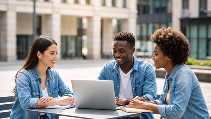 Multi-ethnic group of students studying together outdoors with a laptop. Happy young friends collaborating on a project at a university campus