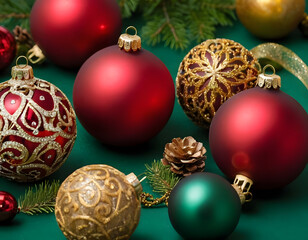 christmas tree decorations isolated, A collection of elegant Christmas decorations with red, green, and gold ornaments lying on a green background, creating a festive and joyful atmosphere