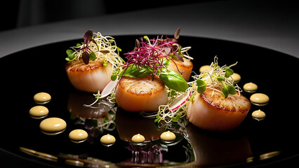 Gourmet seared scallops elegantly plated with microgreens and creamy sauce on a sleek black dish, ready to be served.