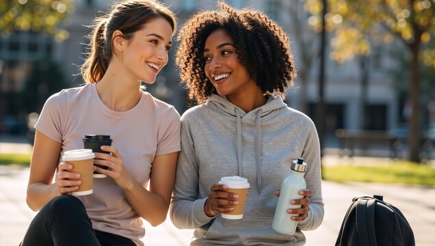 Two diverse female friends smiling and talking while drinking coffee in a park. Young caucasian and african american women enjoying a break together outdoors. Friendship and communication concept - Powered by Adobe