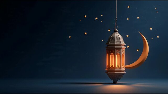 Glowing lantern hanging with crescent moon and stars in dark background