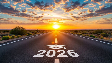 Graduation cap and 2026 on road to sunset