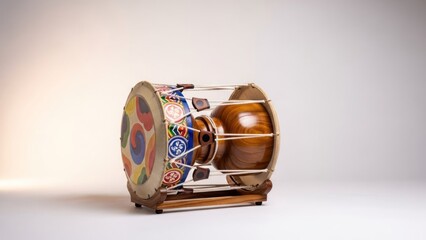 A traditional Korean drum with colorful patterns on its surface, placed on a wooden stand against a plain background.
