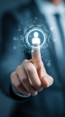 Business technology human resource touch screen digital interface hand selecting digital human resource icon on touch screen in office environment