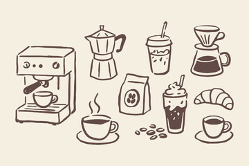 Naklejka na ściany i meble Coffee Set Doodle Outline Vector Illustration