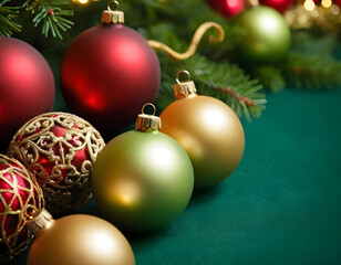 A collection of elegant Christmas decorations with red, green, and gold ornaments lying on a green background
