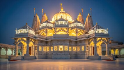 Fototapeta premium A grand, ornate temple with golden domes and intricate carvings, illuminated at dusk with warm, golden light, set against a dark blue sky.