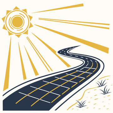 Yellow sun rays shining on dark blue road with white and yellow lines