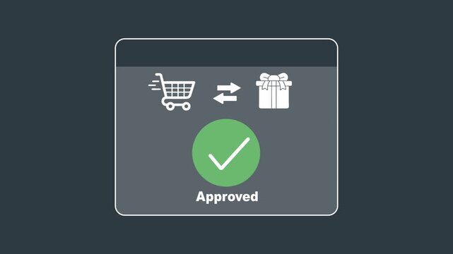 E-commerce concept showing shopping cart to gift box exchange with a green checkmark on a dark background