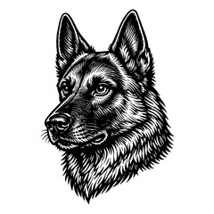 German shepherd dog head portrait line art black and white illustration