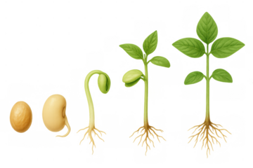 Seed germination cycle showing plant development, sprouting roots, and growing leaves on a transparent background
