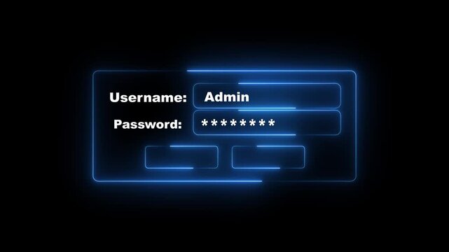 Futuristic login screen with neon blue glowing borders for username and password fields on a black background