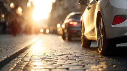Sunset on a city street with cars parked along the cobblestones