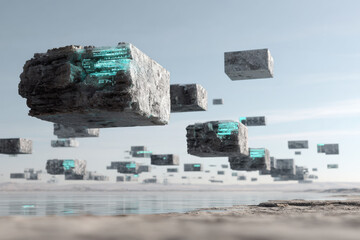 Futuristic data block floating cyber cube digital stone sci fi landscape hologram code glowing turquoise surreal technology scene futuristic data
