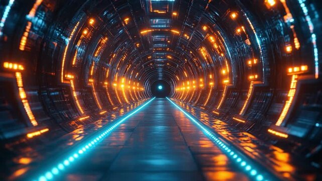Futuristic Tunnel of Innovation: A captivating digital rendering of a high-tech tunnel, aglow with neon blue and orange lights, draws the eye towards an unknown destination.