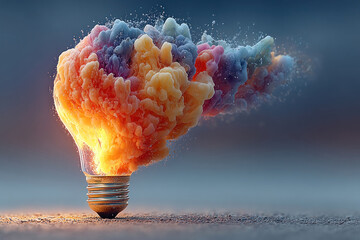 A conceptual image of a glowing light bulb, from which a cloud of bright, colorful shapes erupts, reminiscent of smoke or a paint explosion.  