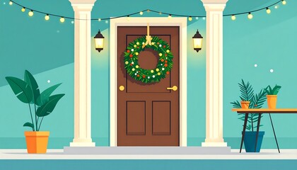 Festive holiday wreath hangs on a brown door with plants and lights