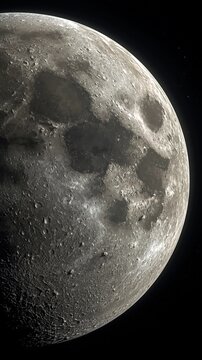 Detailed image of the moon seen from a distance, focusing on its illuminated surface, highlighting the craters and lunar seas.