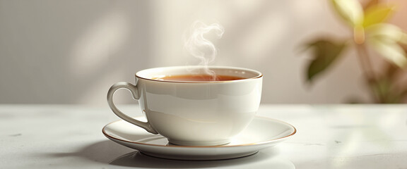 Fototapeta premium Modern tea set with rising steam on marble table in bright sunlight 