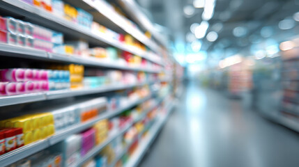 Supermarket aisle blur retail shelf blur grocery store interior modern shop product display shopping concept bright light busy depth perspective