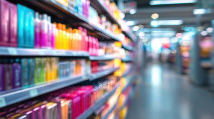 Supermarket aisle blur retail shelf blur colorful product bottle cosmetic bottle grocery store beauty product defocused bright light modern retail
