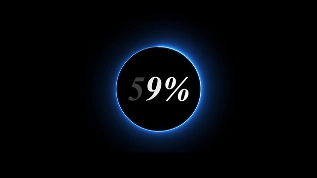 Abstract glowing neon circle loading bar animation on black background . Neon circle in charging percent icon. futuristic technology concept on animation video.. 59% charge available now .