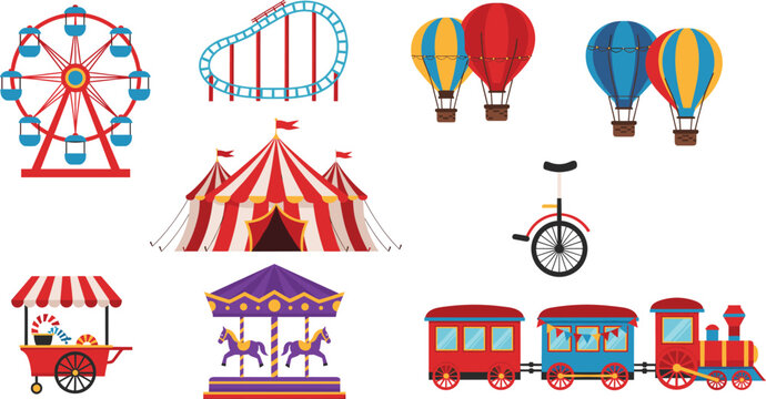 Amusement Park And Circus Icons Collection With Ferris Wheel Carousel Train And Hot Air Balloons Isolated On White Background Flat Vector Illustration