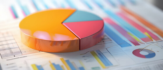 Vibrant 3D pie chart placed on financial documents with bar and line graphs, representing data analysis, reporting and business performance metrics.